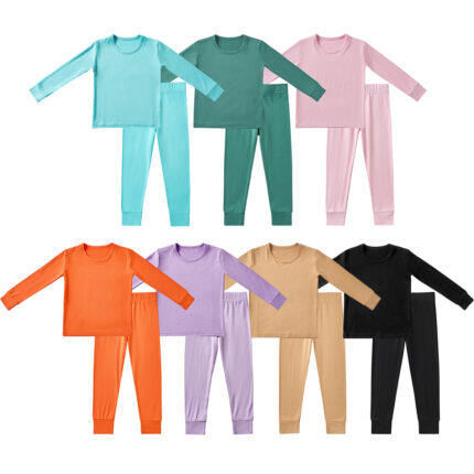 Pure Color Bamboo Long Sleeves Soft Kids Boy and Girls Two Piece Pajamas Clothes