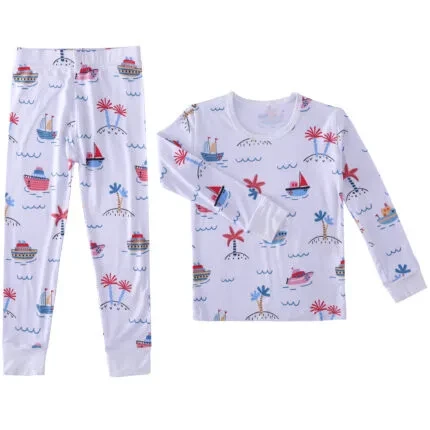 Sailboat Palm Trees print two piece pajamas