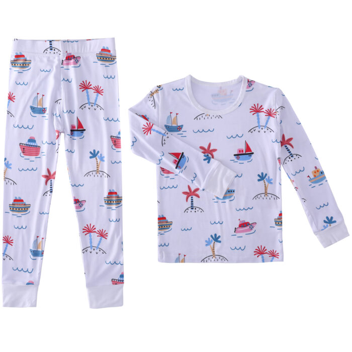 Sailboat Palm Trees print two piece pajamas