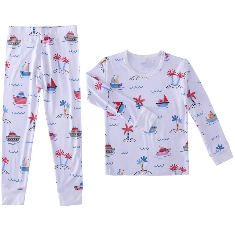 Sailboat Palm Trees print two piece pajamas